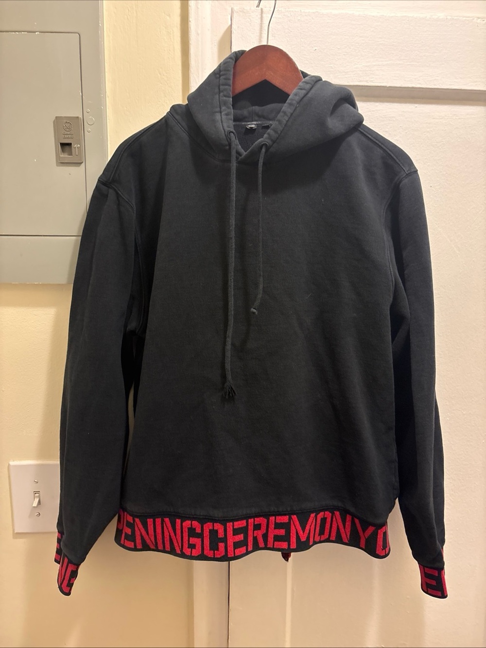 Men's Opening Ceremony Black pullover Hoodie Red Hem Lettering size XL